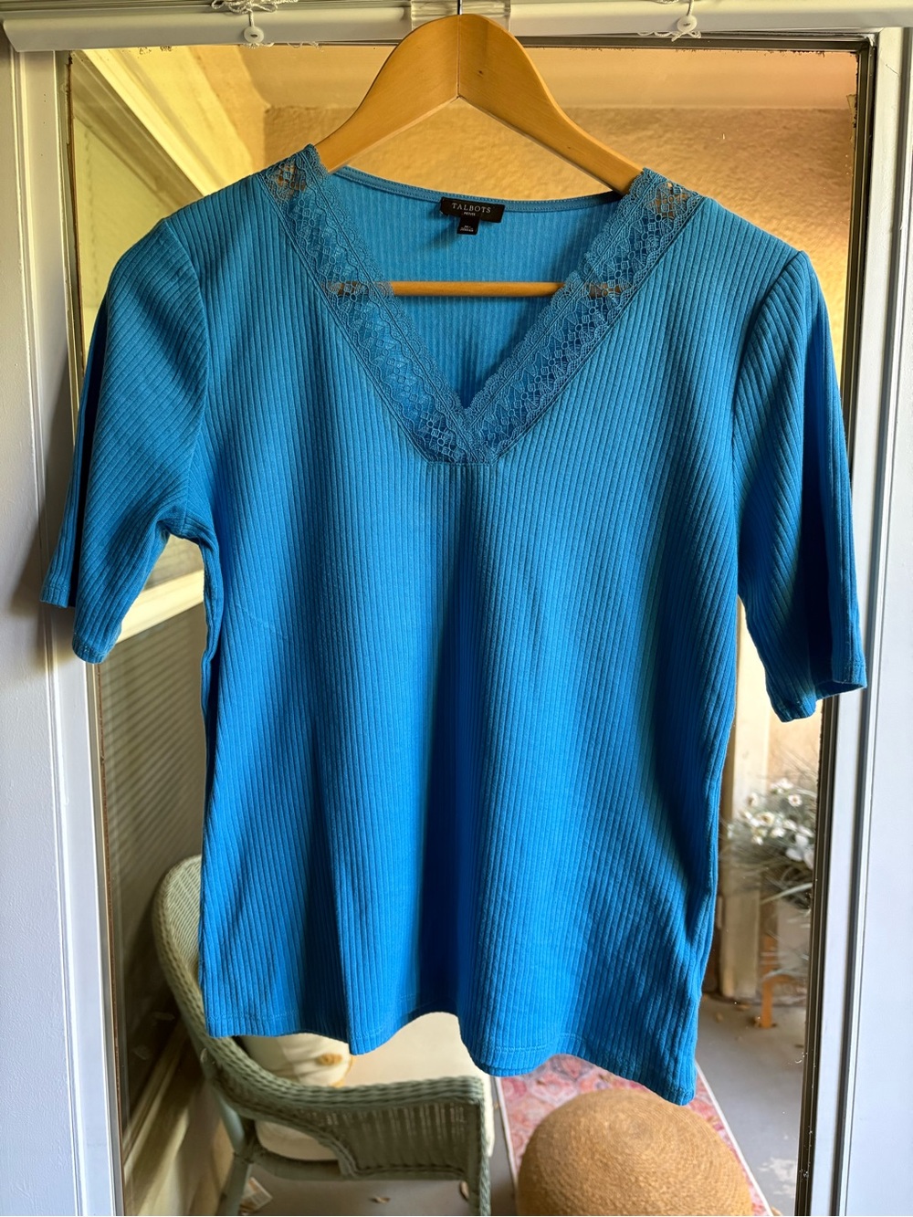 Talbots Turquoise V‑Neck Ribbed Top with Lace Trim